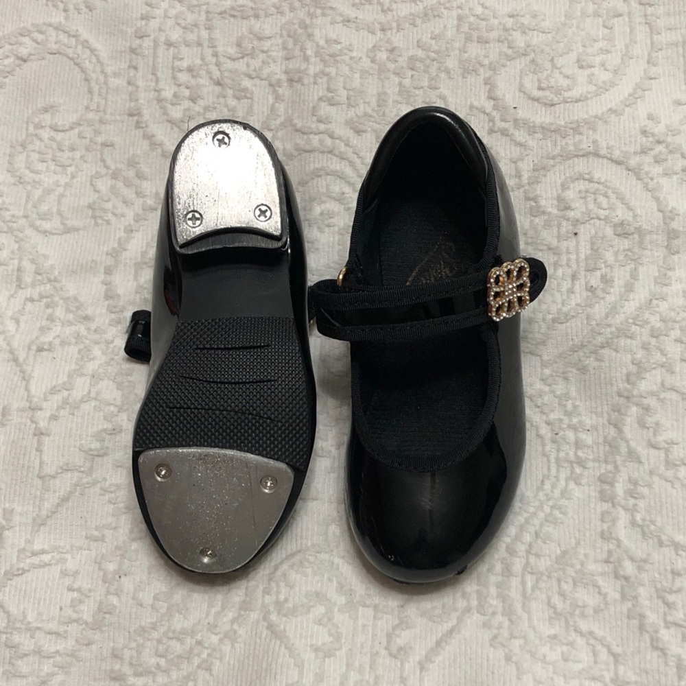 Stelle Girls Size 7 Toddlers Black Patent Tap Shoes with Rhinestone Velcro Strap